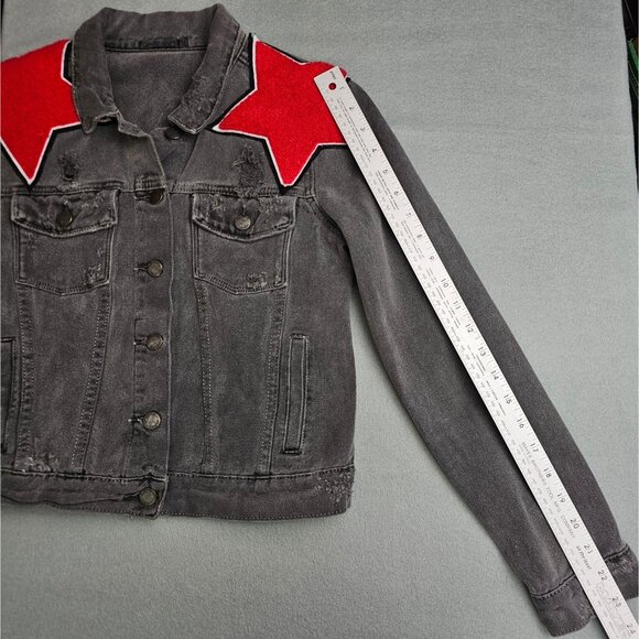 Carmar LF Charcoal Gray Faded Black Denim Jacket Red Star Patches M Distressed - Picture 9 of 11